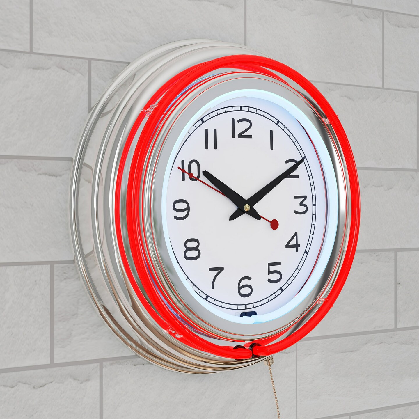 Vintage-Inspired Neon Wall Clock - 14&#x22; Round Analog Battery Operated - Red and White