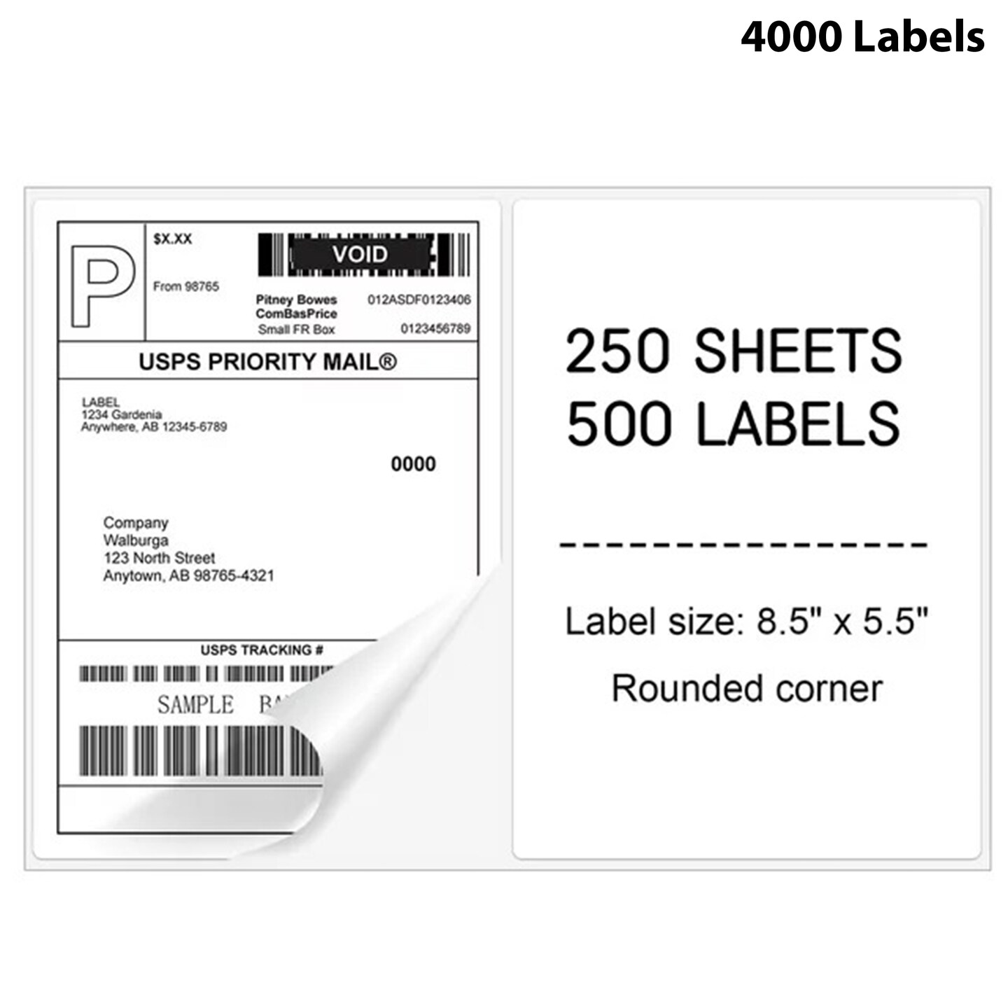 4000 Half Sheet Shipping Labels – 8.5x5.5, Round Corner, Blank White, For Laser/Inkjet