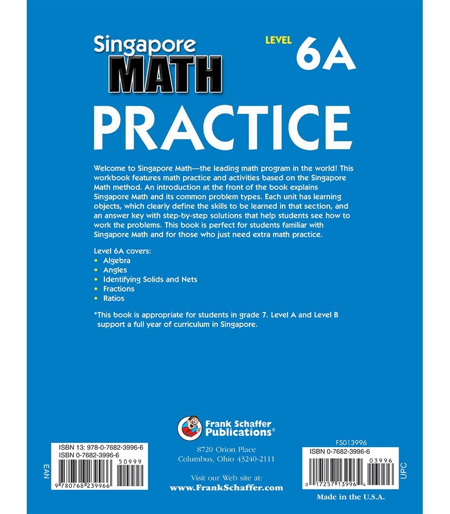 Singapore Math Level 6A 7th Grade Math Workbooks, Singapore Math Grade 7, Fractions, Ratios, and Algebra Workbook, 7th Grade Math Classroom or Homeschool Curriculum