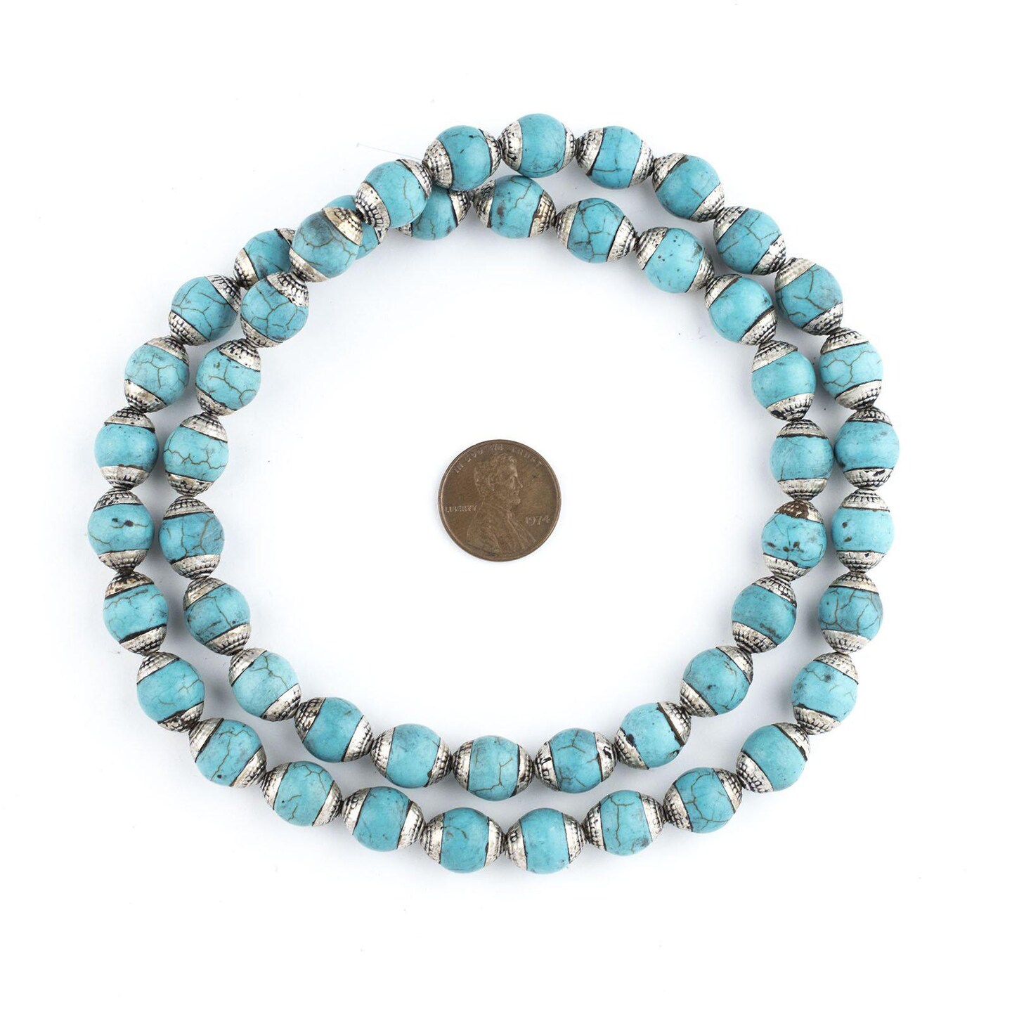 The Bead Chest Capped Turquoise with Silver Gemstone Beads, Full Strand of Round Nepalese Stone Beads, Great for DIY Jewelry Necklace & Bracelet Making