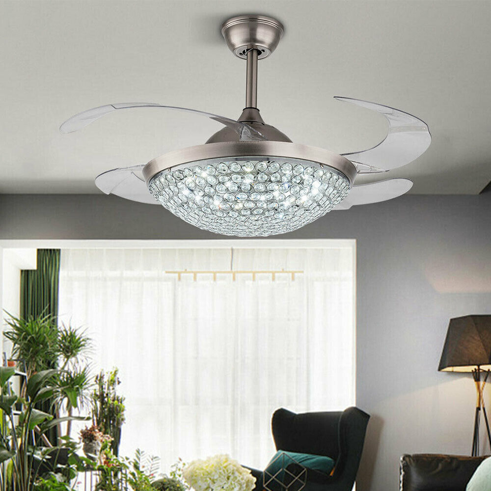 Kitcheniva Retractable Crystal Ceiling Fan Chandelier With Remote
