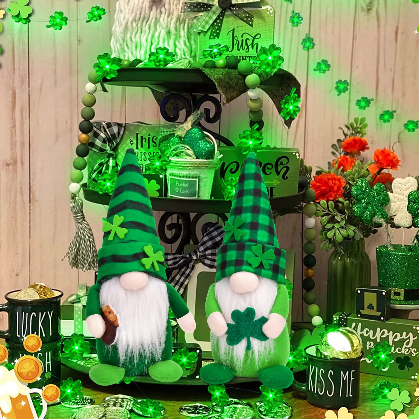 St Patricks Day Gnomes Decorations, 2 Pack Gnomes Plush Lucky Green Shamrock Home Table Decor Ornaments for Irish Saint Patrick&#x27;s Day