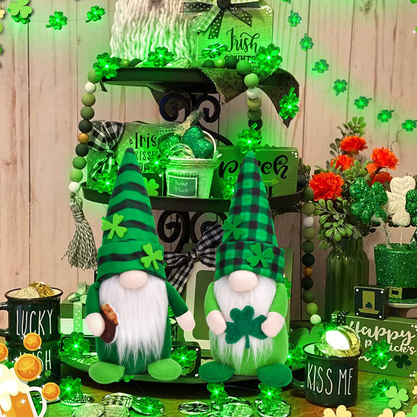 2 Pack Gnomes Plush Lucky Green Shamrock Home Table Decor Ornaments for Irish Saint Patrick&#x27;s Day