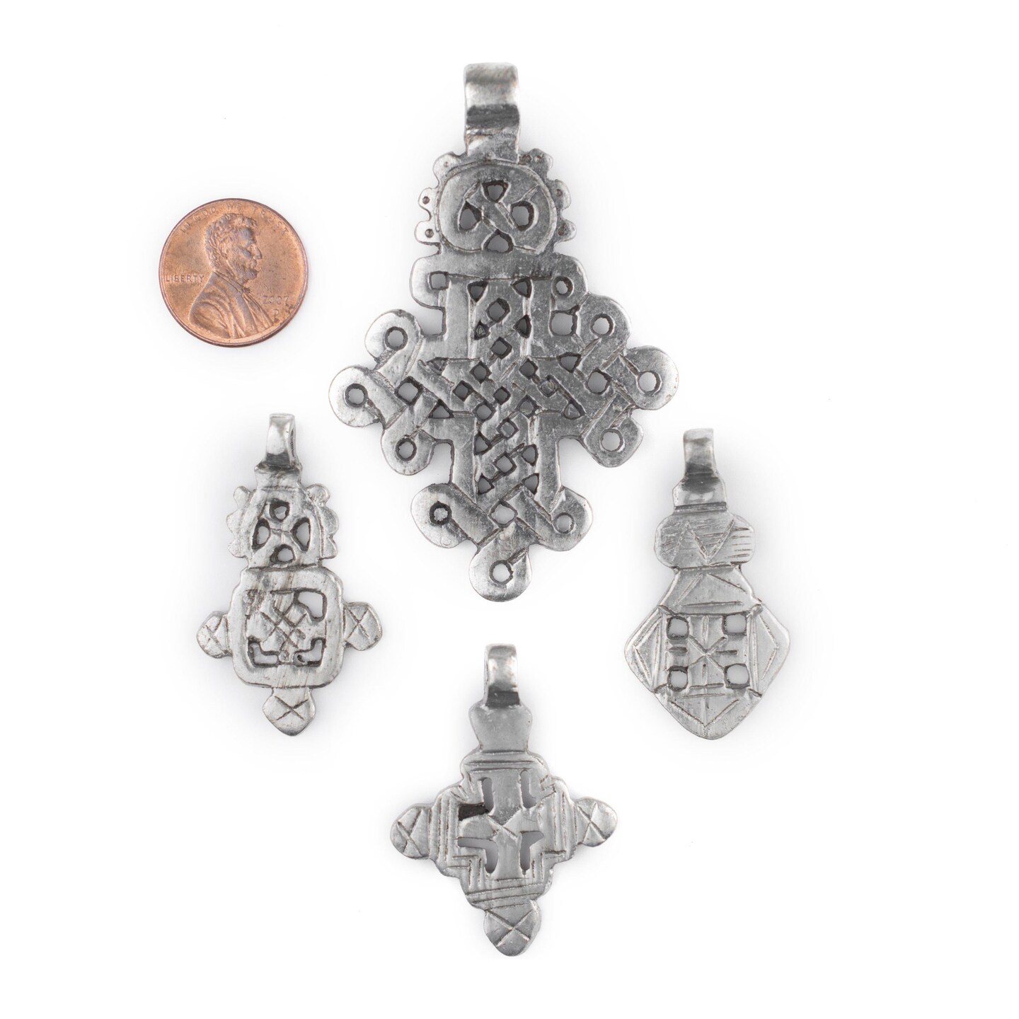 TheBeadChest 4 Pack: Ethiopian Silver Coptic Cross Pendants African White Metal Large Hole Handmade