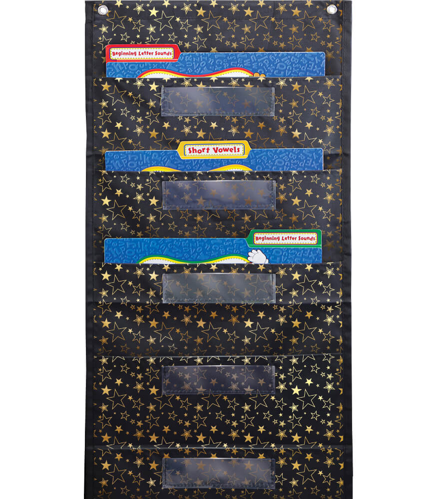 Carson Dellosa 14" x 32" Black Hanging File Folders Storage Pocket Chart With Gold Stars, 6 Pocket Paper Organizer for Games, Teacher Supplies for Homeschool, Classroom and Office Organization