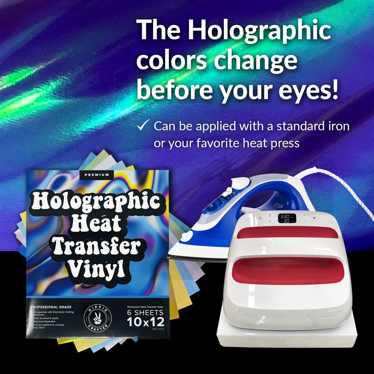 Holographic Permanent Vinyl HTV 6 Premium Permanent Vinyl Holographic Sheets Heat Transfer Holographic HTV Craft Foil Iridescent Opal Vinyl Sheets Without Roll in Gold Silver Chrome and Blue