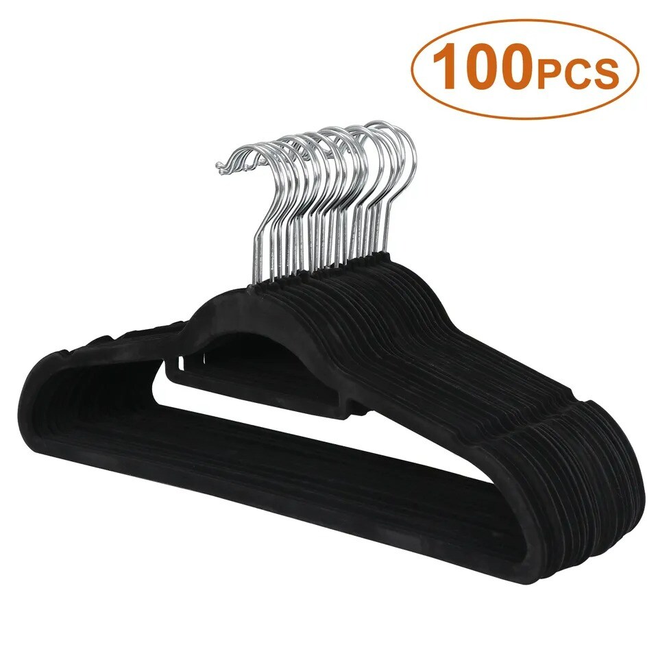 100PCS Black Velvet Clothes Hangers Durable Plastic Hanger Suit/Shirt/Pants Hangers