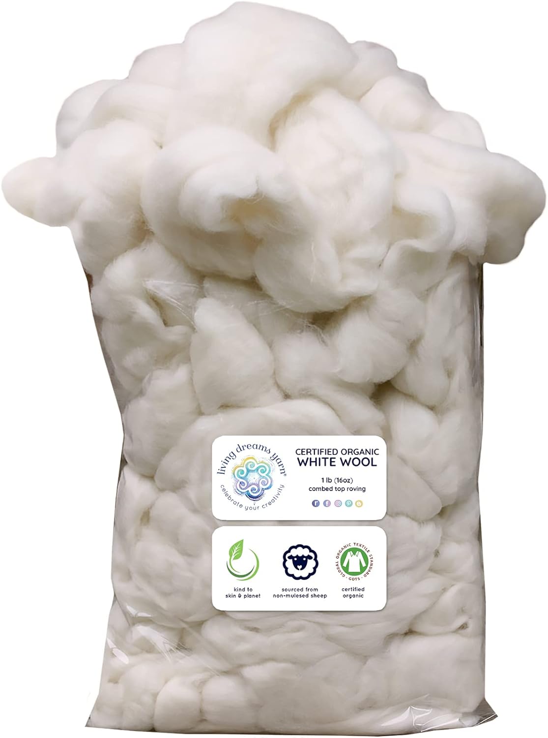 CERTIFIED ORGANIC UK Wool Roving. Ethically &#x26; Responsibly Sourced Combed Top Fiber for Spinning, Felting, Filling - 1 lb Bag, Natural White