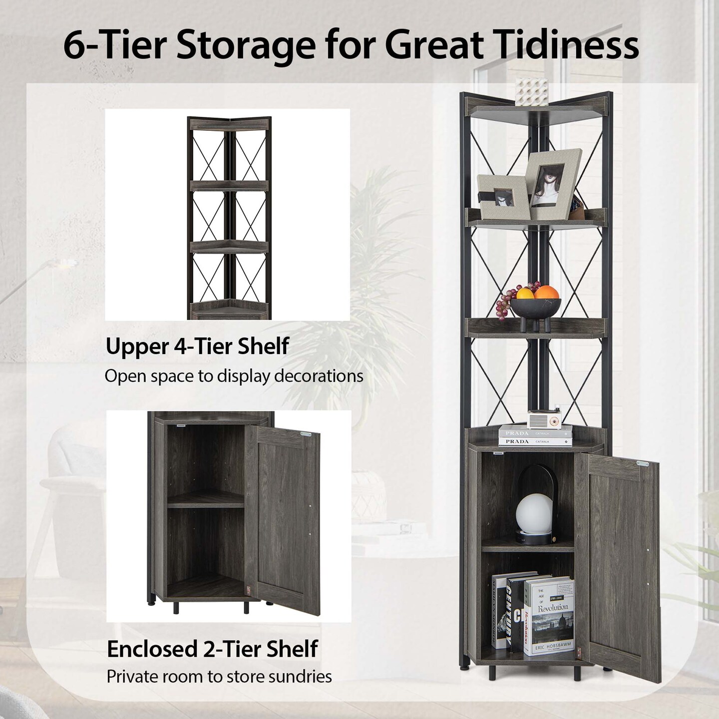 Costway 6-Tier Corner Bookshelf with 5-Level Adjustable Shelf & Anti-Tipping Kits Rustic Brown/Gray