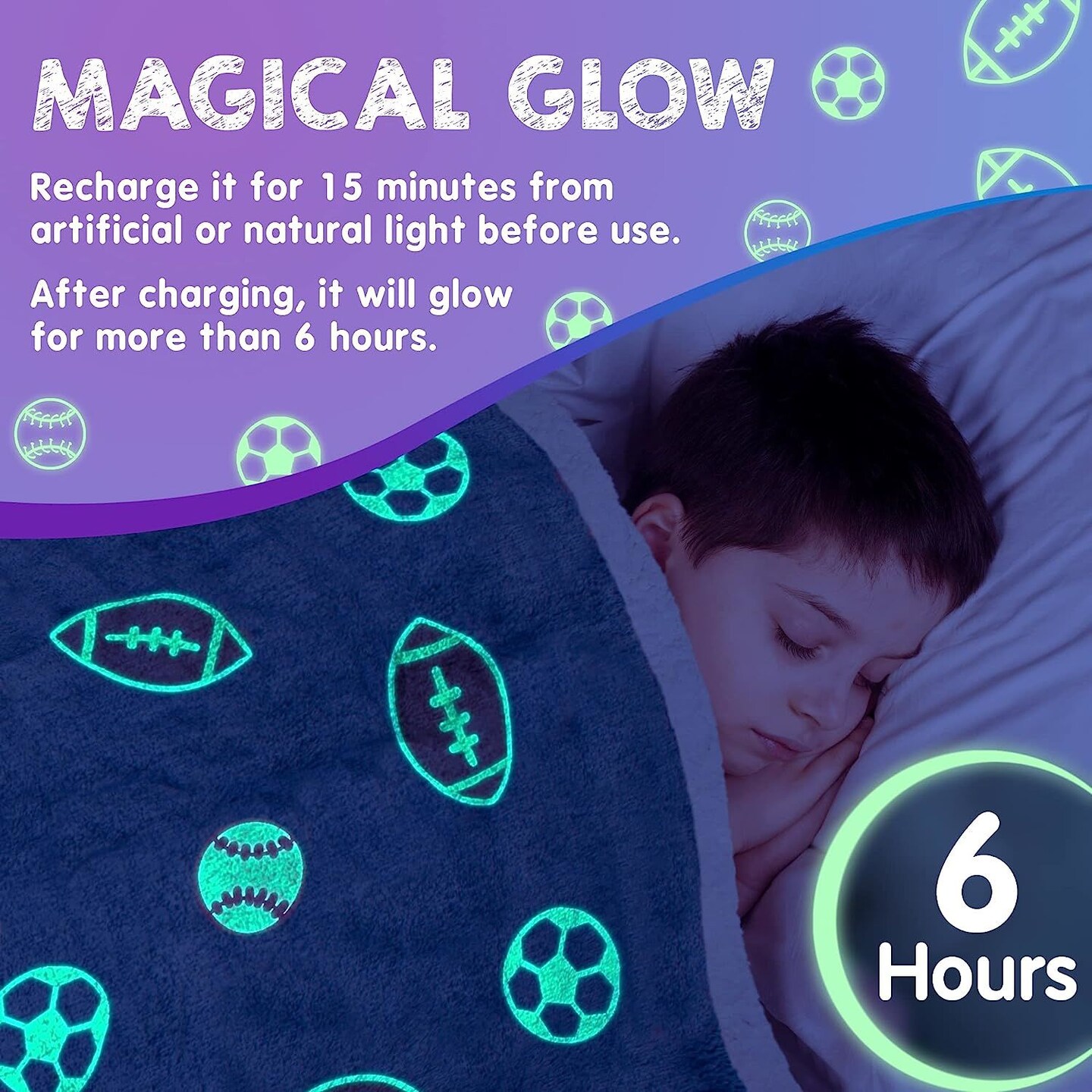 Glow in the Dark Football Blanket for Boys: 50 x 60 Inch Blue Glow in the Dark Throw Blanket with 6 Hours Bright Glow