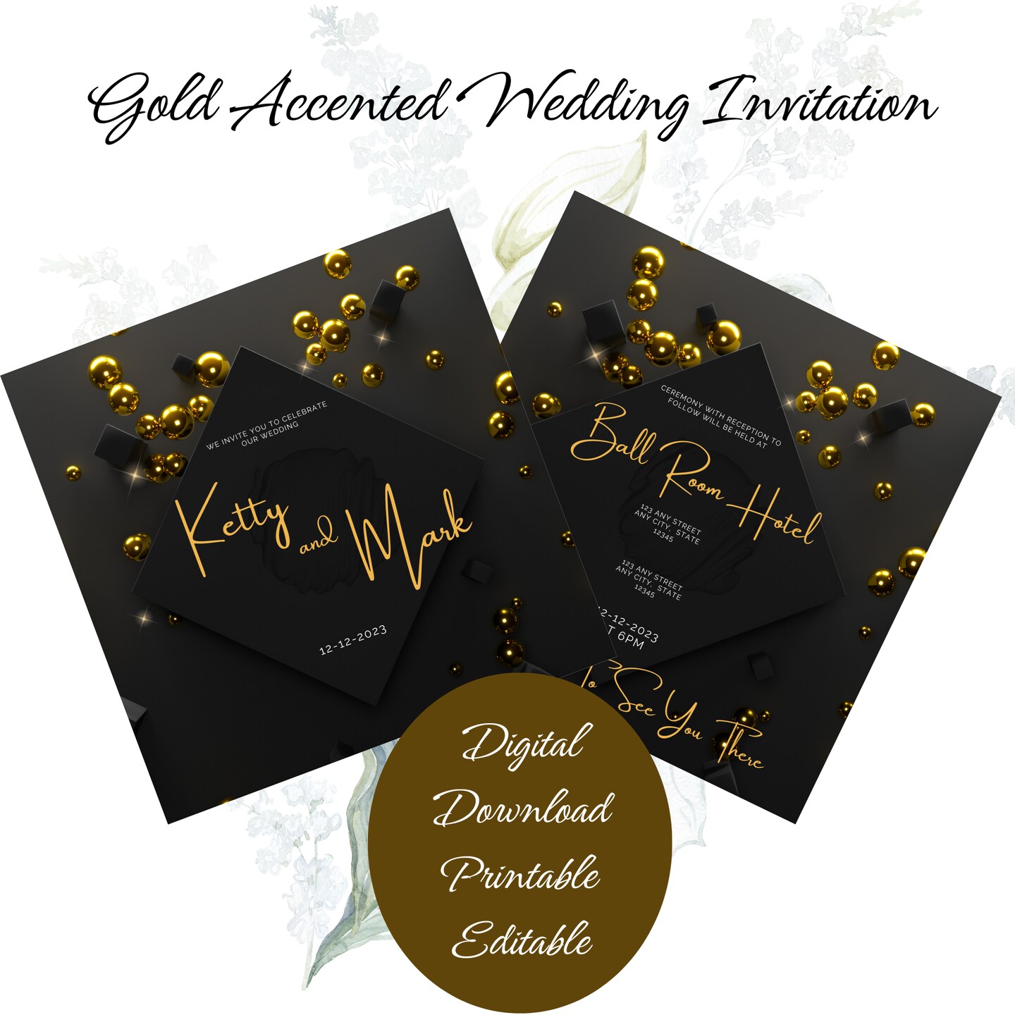 Gold Accented Wedding Invitation, Two Sided and Personalized,  Printable Invitation, Digital Download product 2