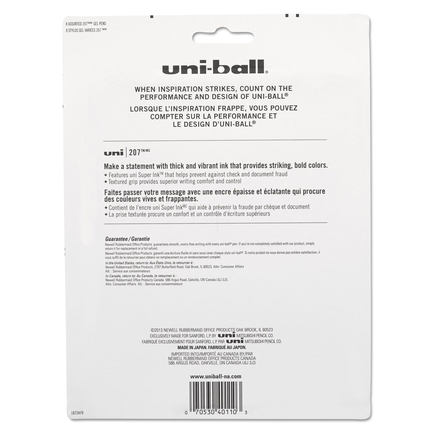 Uni-Ball Signo 207 Retractable Gel Pen, Medium 0.7mm, Assorted Ink, Black Barrel, 8/Set