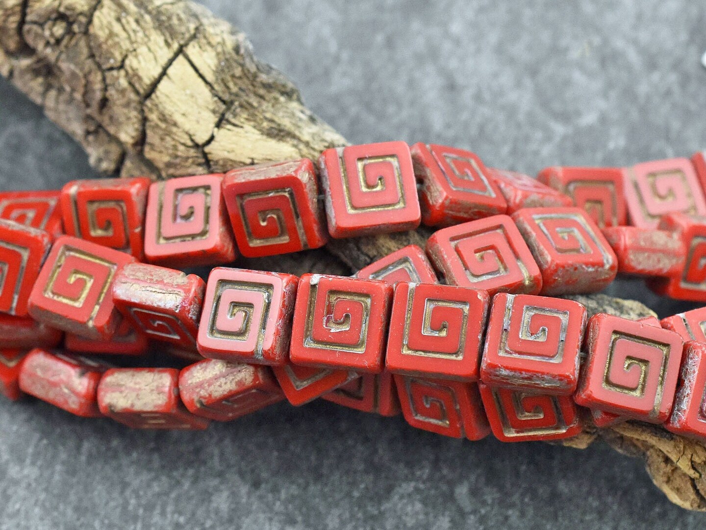 *12* 9mm Gold Washed Opaque Red Table Cut Celtic Square Beads