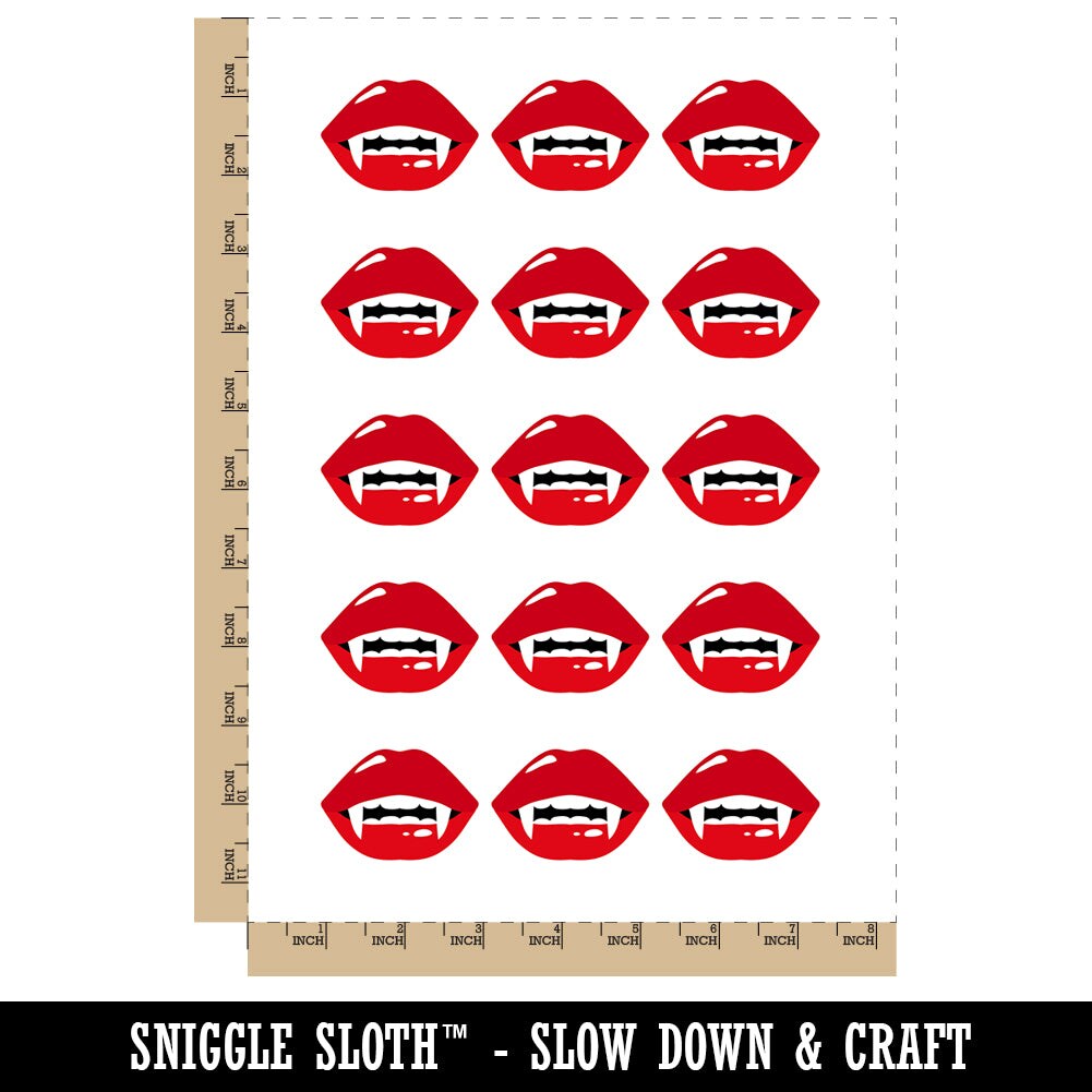 Juicy Red Vampire Lips Teeth Fangs Temporary Tattoo Water Resistant Fake Body Art Set Collection (1 Sheet)