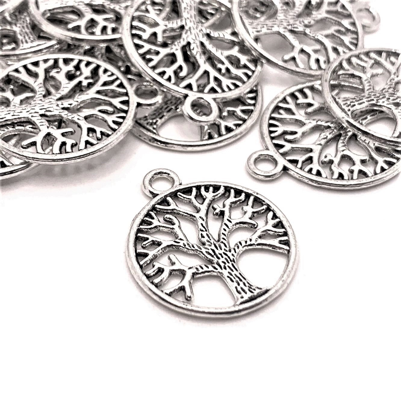 4, 20 or 50 Pieces: Silver Circle Tree of Life Pendant Charms - Double Sided