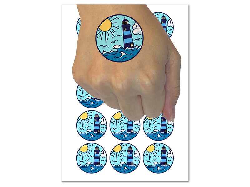 Lighthouse Sea Ocean Waves Temporary Tattoo Water Resistant Fake Body Art Set Collection (1 Sheet)