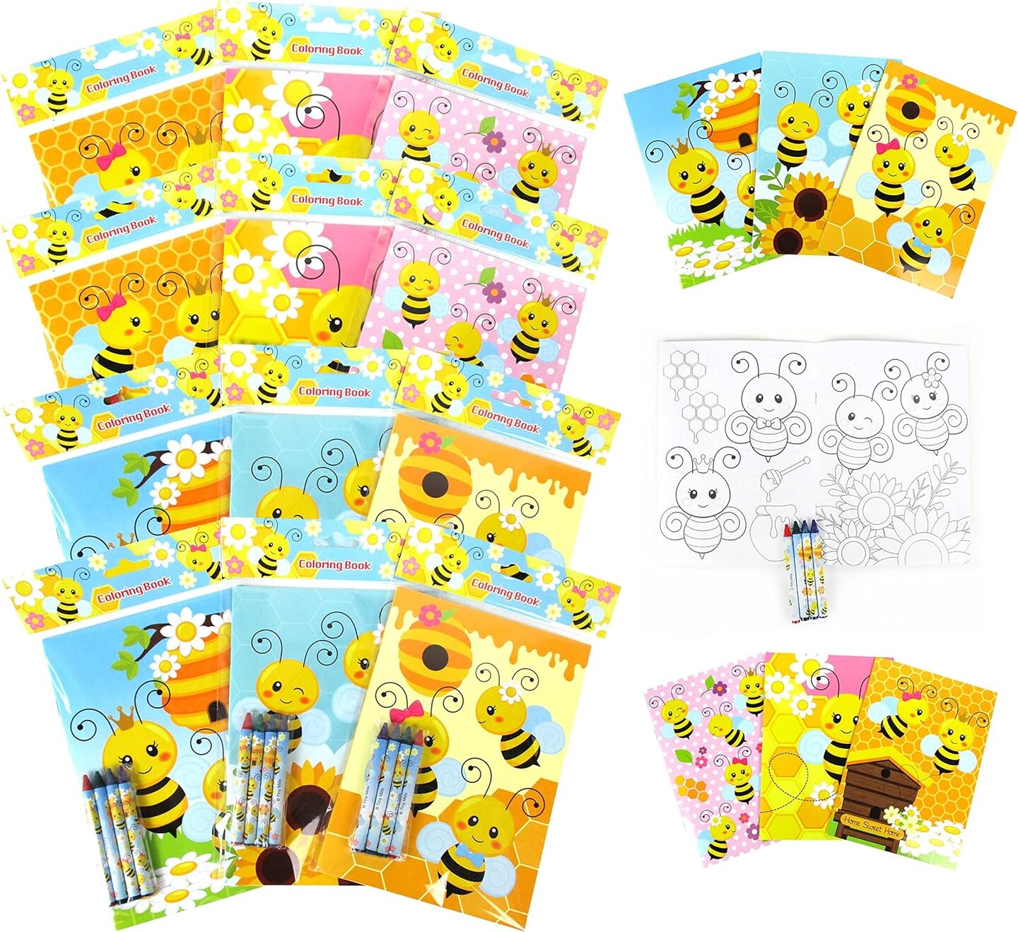 TINYMILLS Bumble Bees Honeybees Coloring Book and Crayon Set for Kids Party Favors with 12 Coloring Books and 48 Crayons