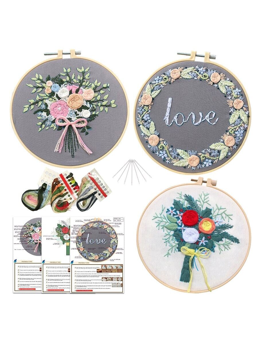 JSRQT 3-Set Embroidery Stitch Practice Kit For Beginners - Includes Hoop, Fabric, Thread & Tools