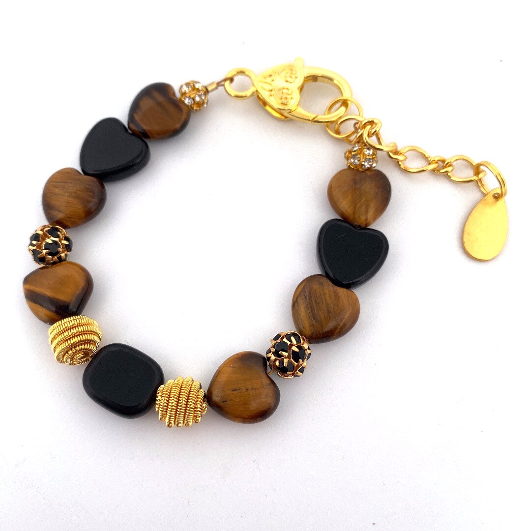 Valentine’s Day Tigers Eye Heart Bracelet, Brown Gemstone Jewelry,  Rhinestone Bracelet, Unique and Handmade, Adjustable, Gift for her  MakerPlace by