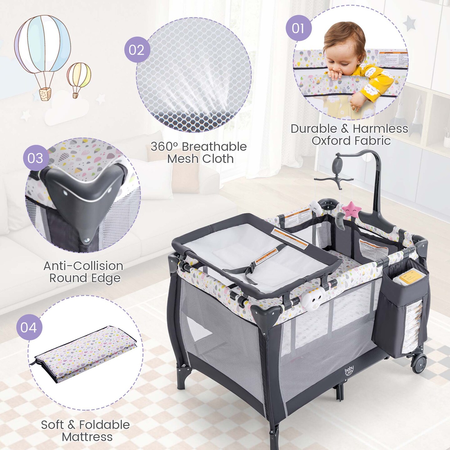 Babyjoy Portable Baby Playard Nursery Center Crib with Hanging Toys &#x26; Music Box Colorful/Grey/Pink