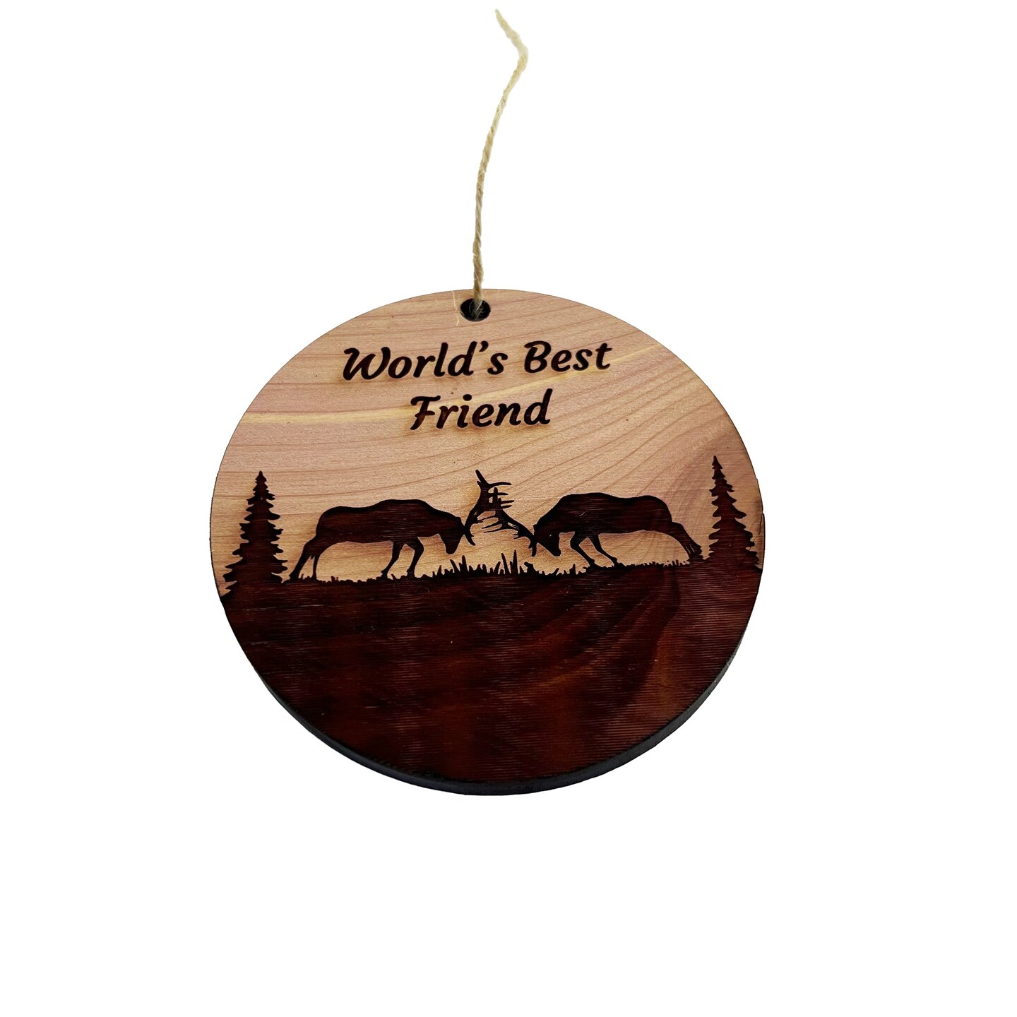 Worlds Best Friend Elk Battle - Cedar Ornament Worlds Best Friend Elk Battle - Cedar Ornament