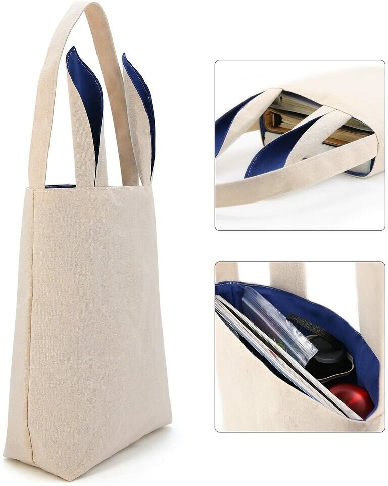 Easter Bunny Ear Bag & Basket, Dual Layer Canvas Bag for Easter Egg Hunt Basket