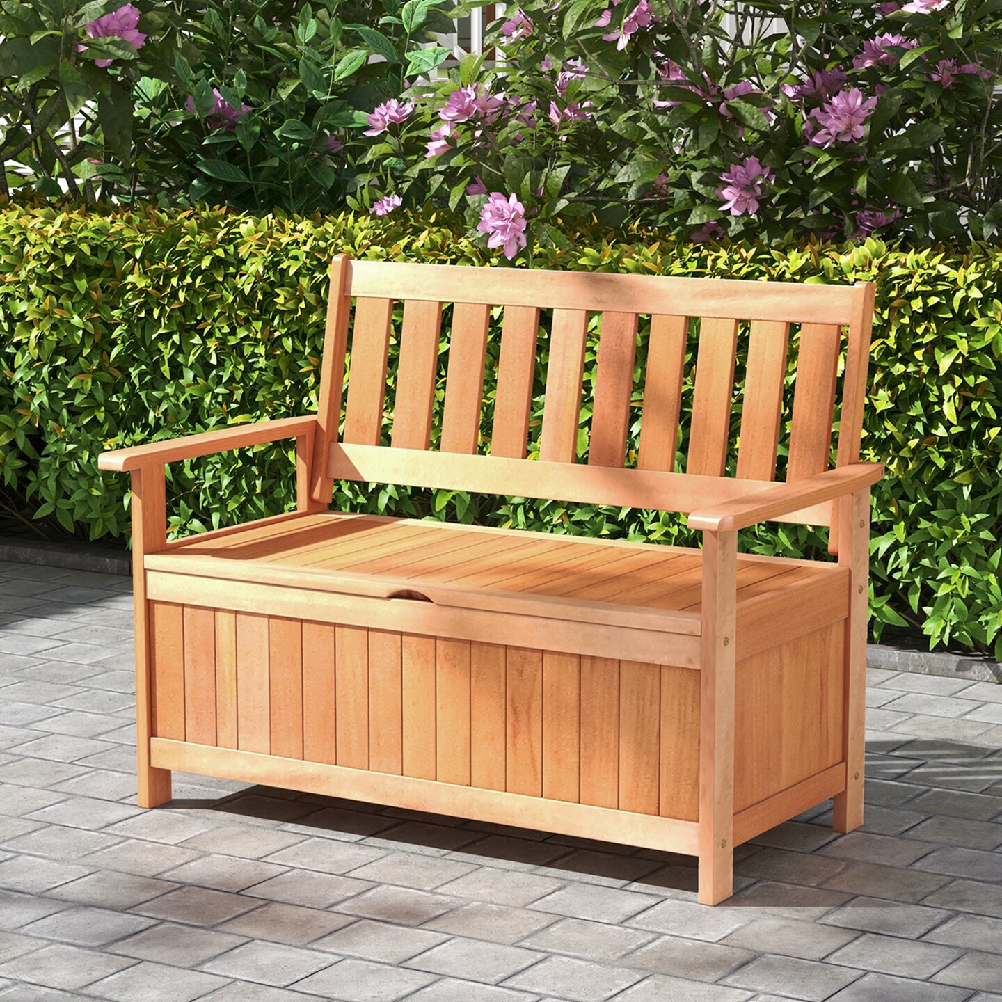 Costway 48 Inch Patio Storage Bench Hardwood Loveseat with Slatted Backrest for Backyard