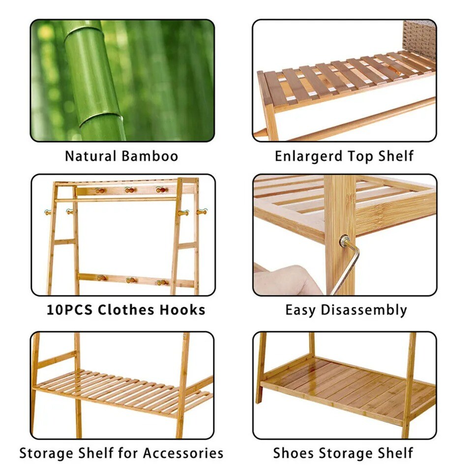 Bamboo Clothes Hanging Garment Rack Heavy Duty Laundry Rack Closet Storage Shelf