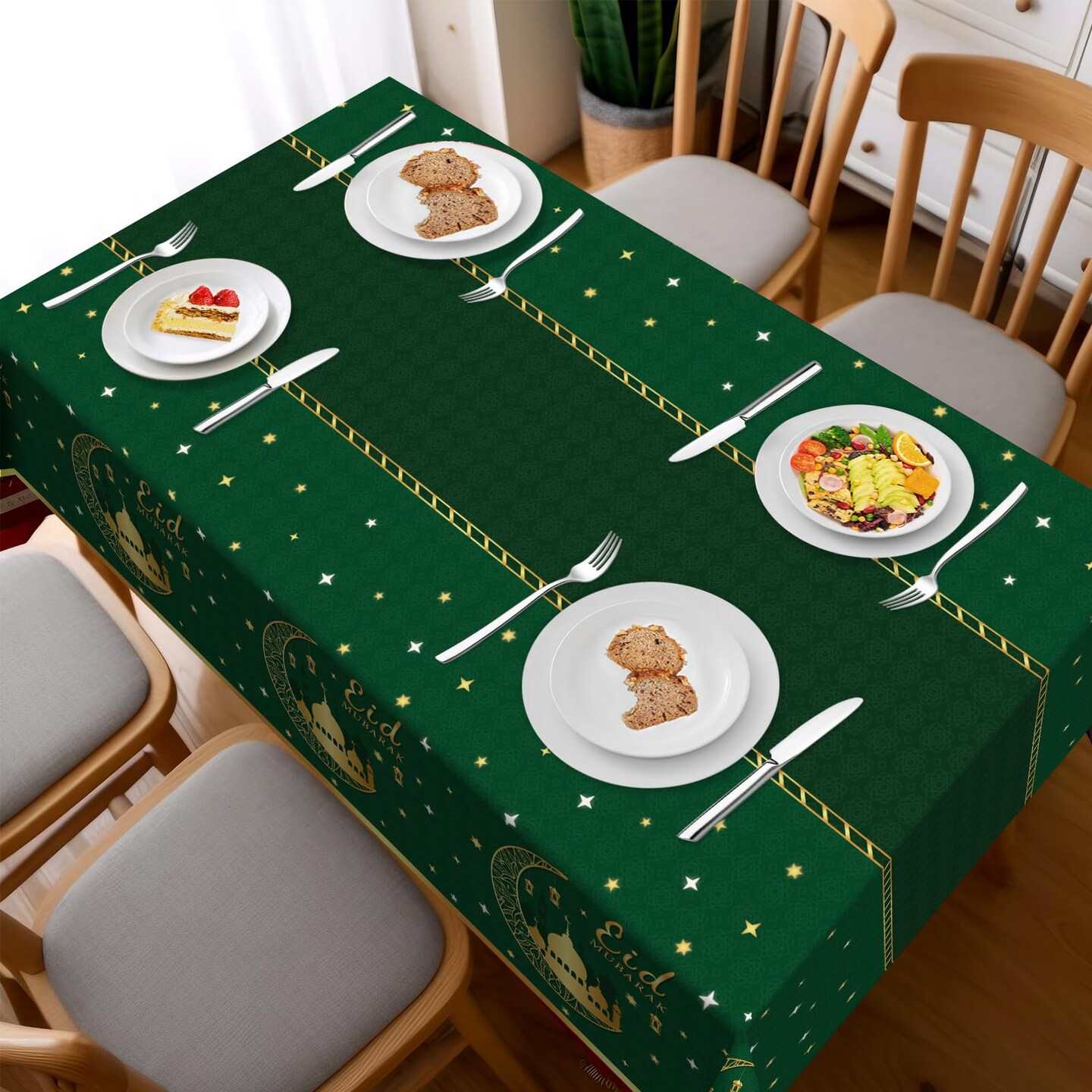 3 Pack Ramadan Mubarak Tablecloths for Eid Mubarak Decorations, 54&#x22; x 108&#x22; Plastic Disposable Happiness Ramadan Eid Al-fitr Party Table Covers for Rectangle Tables Ramadan Party Favors(Green)