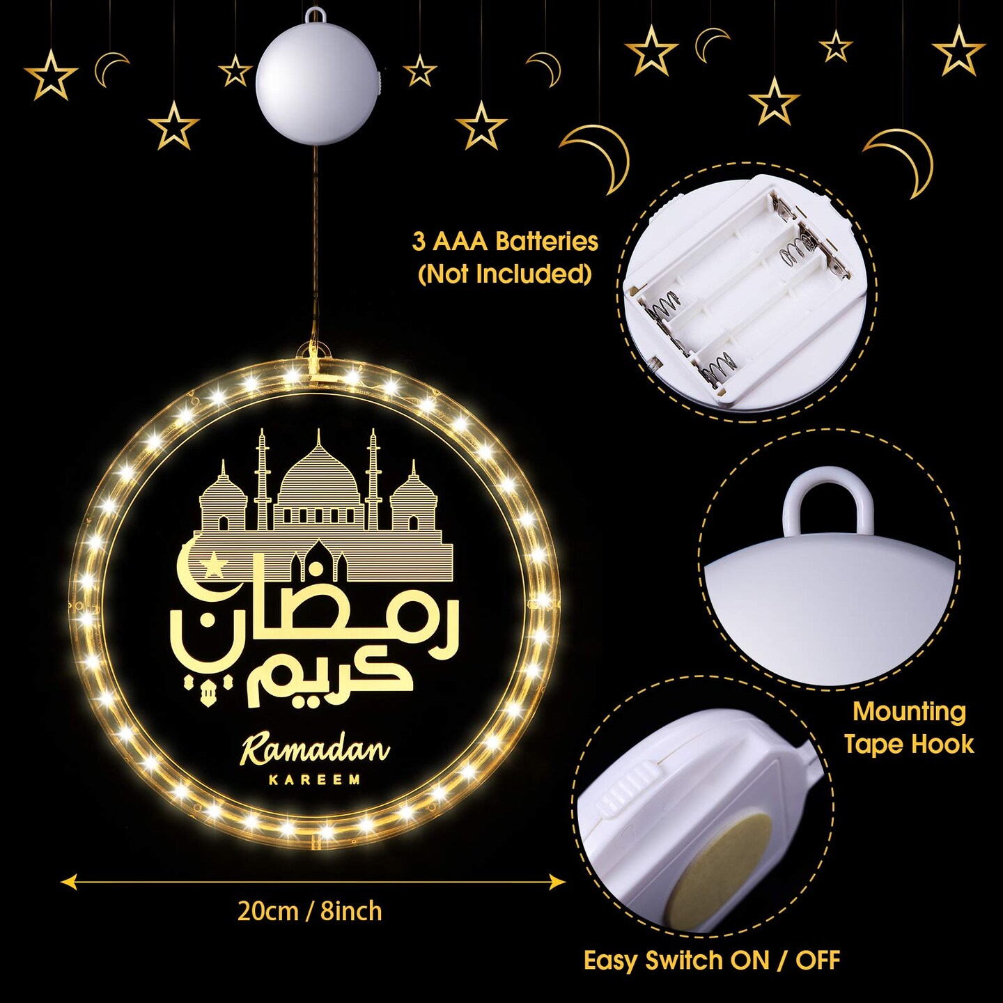 3D Eid Ramadan Lights, Moon and Star Castle Islam Eid Mubarak Decorations, Ramadan Decorations for Home Indoor, Islam Fairy Window Lights Wall Bedroom Party Decor(Castle Style)