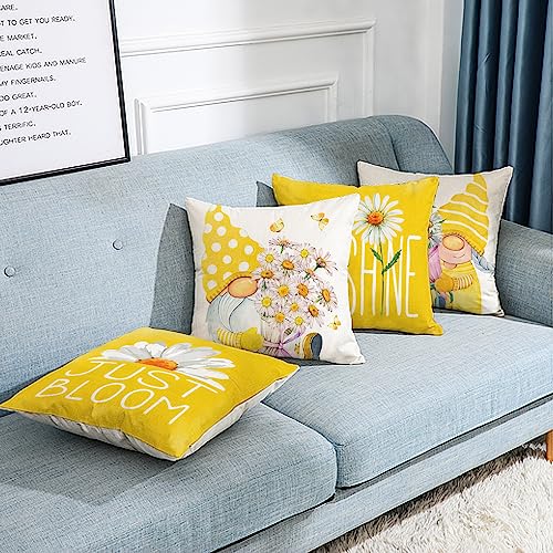 Outdoor Yellow Throw Pillow Covers 18x18 Set of 4 Spring Summer Decorative Cushion Cases Home Décor Decorations for Patio Couch Chair Sofa,Daisy Floral Gnomes