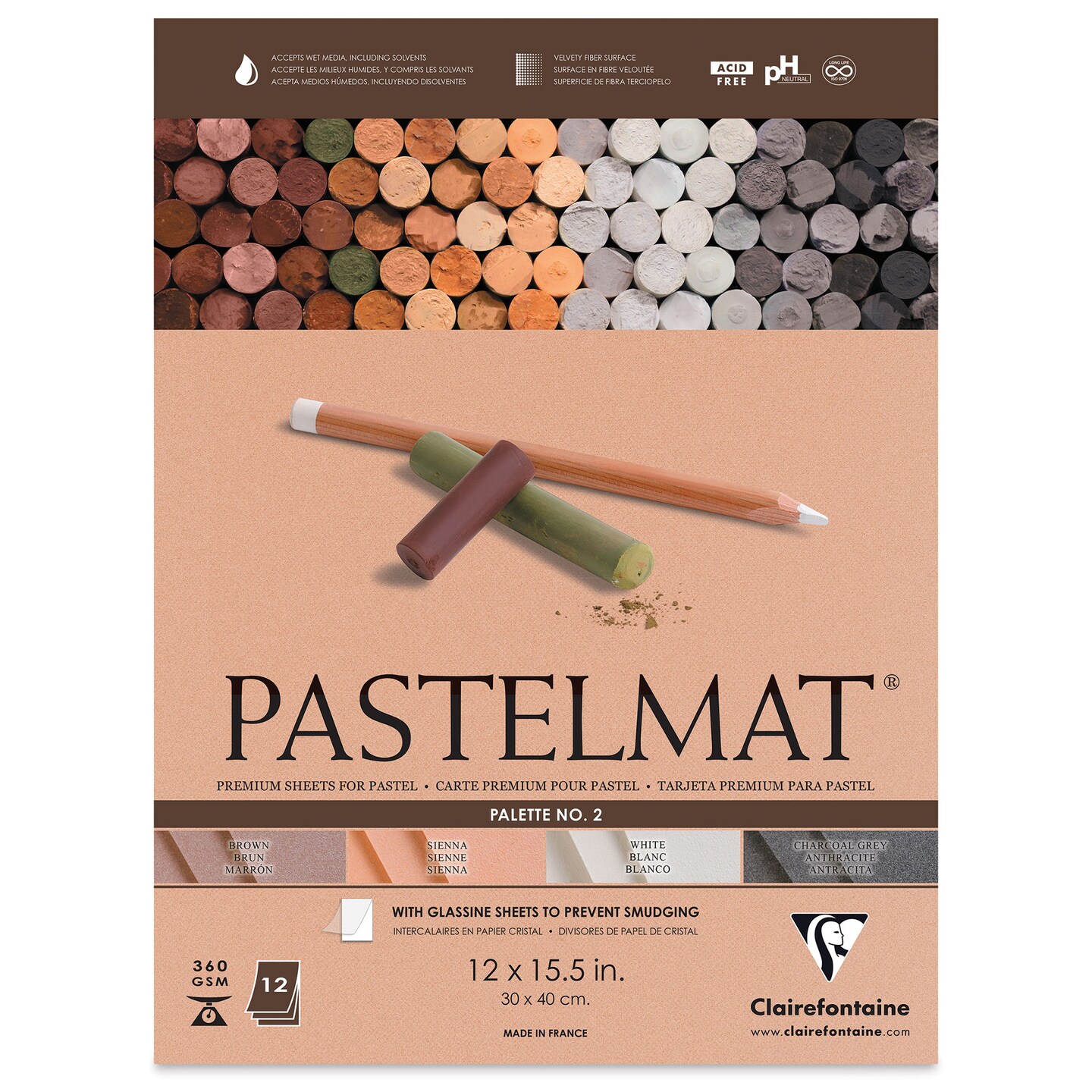Clairefontaine Pastelmat Pad - 12&#x22; x 15-1/2&#x22;, Assorted, Palette No. 2, 12 Sheets