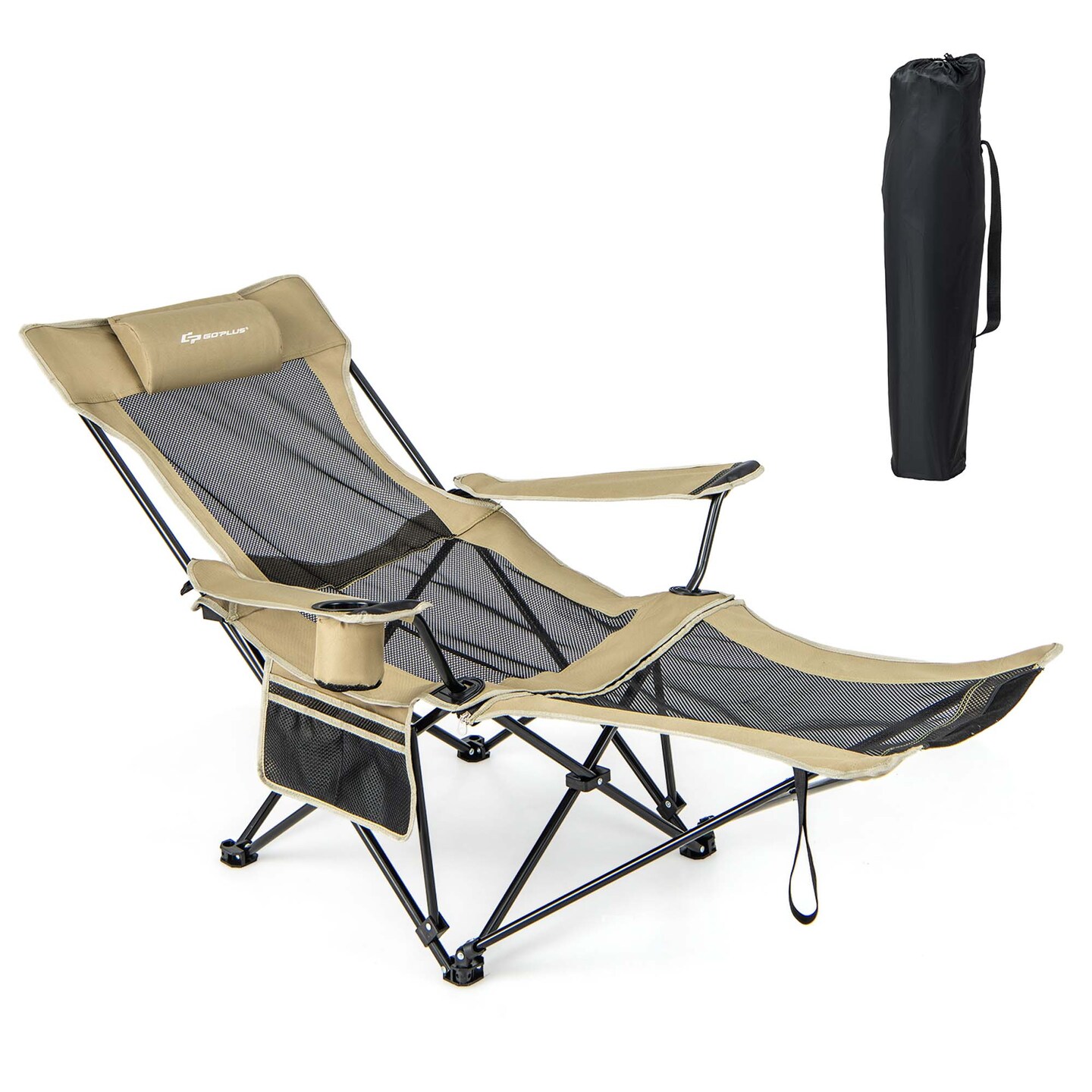 Goplus Folding Camping Chair with Detachable Footrest for Fishing, Camp, Picnics Khaki/Grey