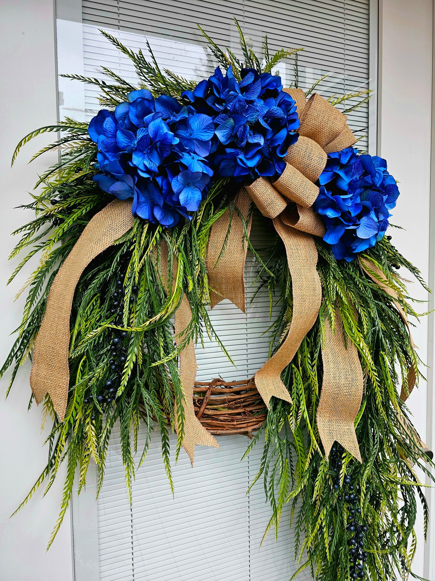 Blue Hydrangea Greenery Wreath For Front Door, Double Door