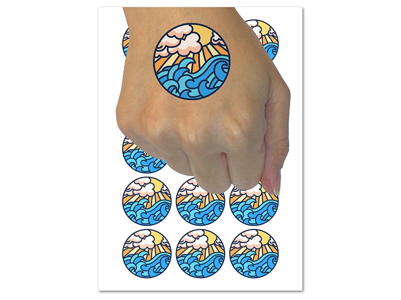 Sun Clouds and Ocean Waves Temporary Tattoo Water Resistant Fake Body Art Set Collection (1 Sheet)