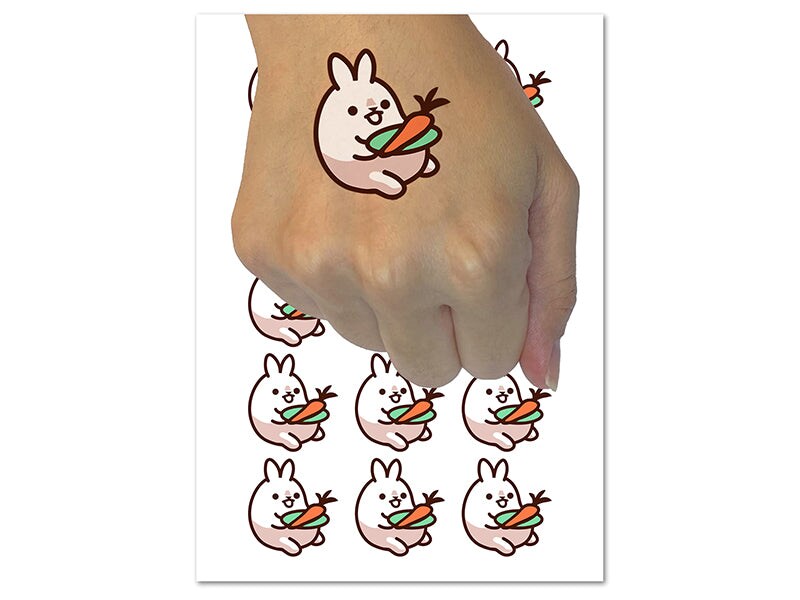 Cute Kawaii Bunny Rabbit Eating A Carrot Temporary Tattoo Water Resistant Fake Body Art Set 9364