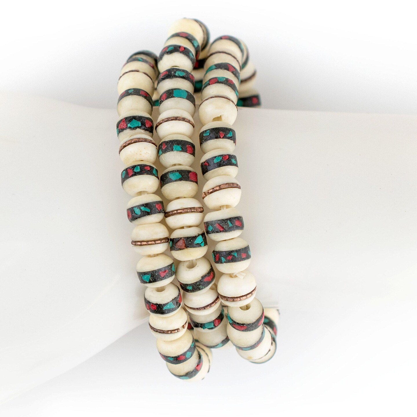 TheBeadChest Mala Stretch Bracelet, White - Stackable Nepal Bone Inlaid with Turquoise &#x26; Coral Colors, 100% Authentic and Genuine