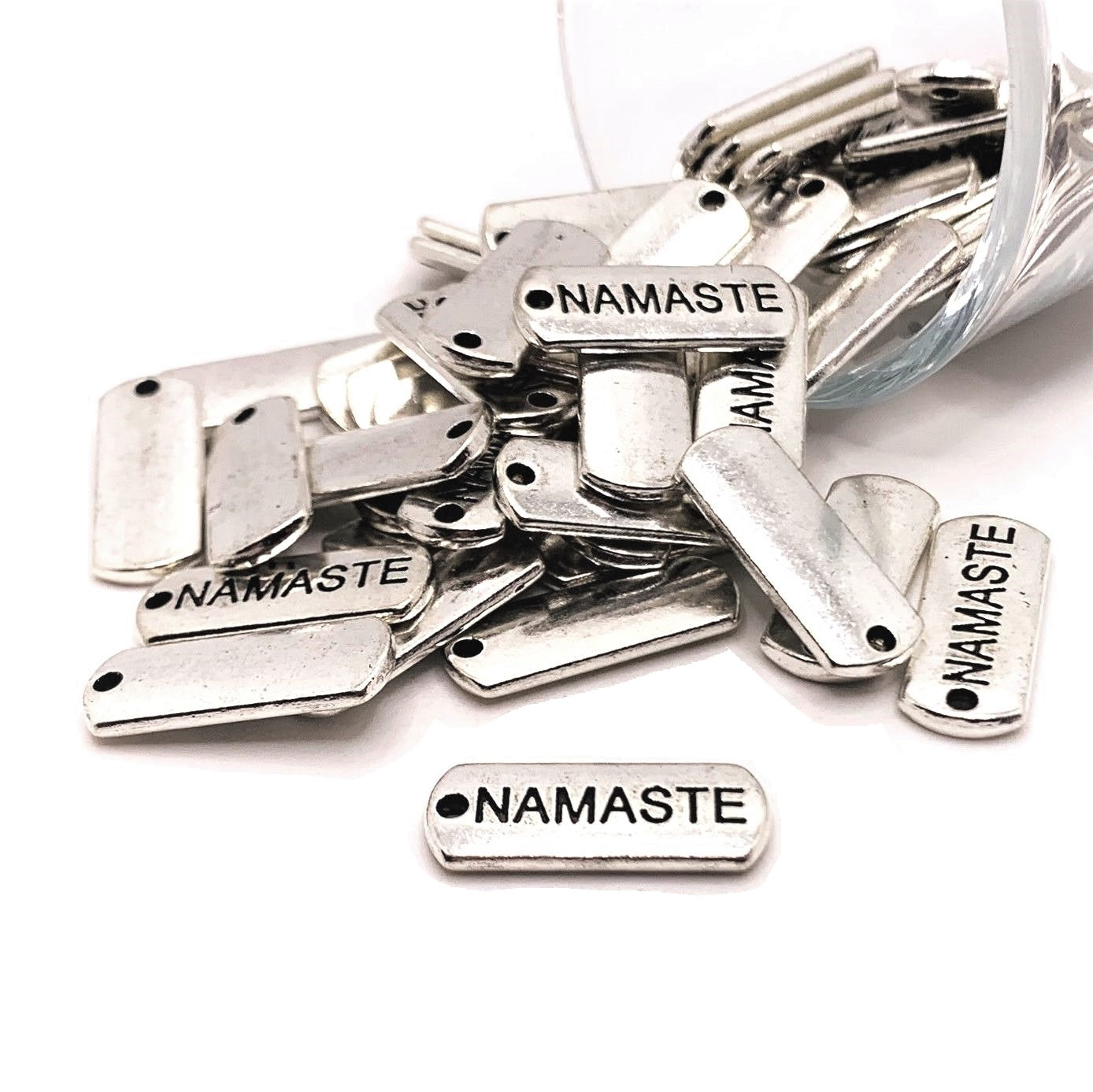 4, 20 or 50 Pieces: Antiqued Silver Namaste Word Tag Charms