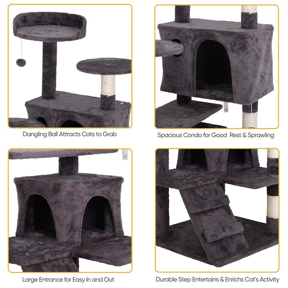 Deep Grey 53" Cat Tree Tower Activity Bed Playing House Condo Home