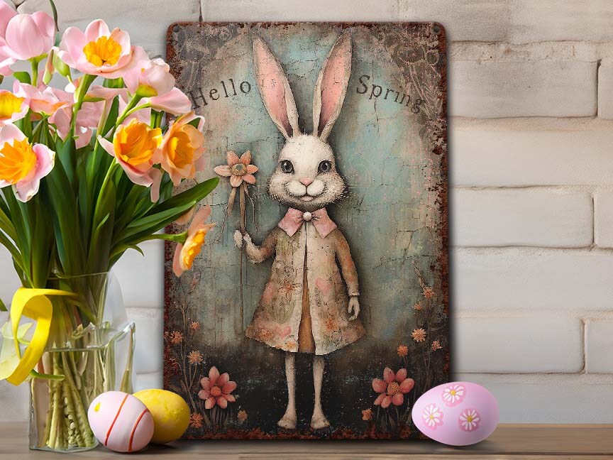Easter Decor - Primitive Decoration Vintage Bunny Metal Art Sign Mantle  Display Picture - Indoor Outdoor Safe - Hello Spring Dress Bunny
