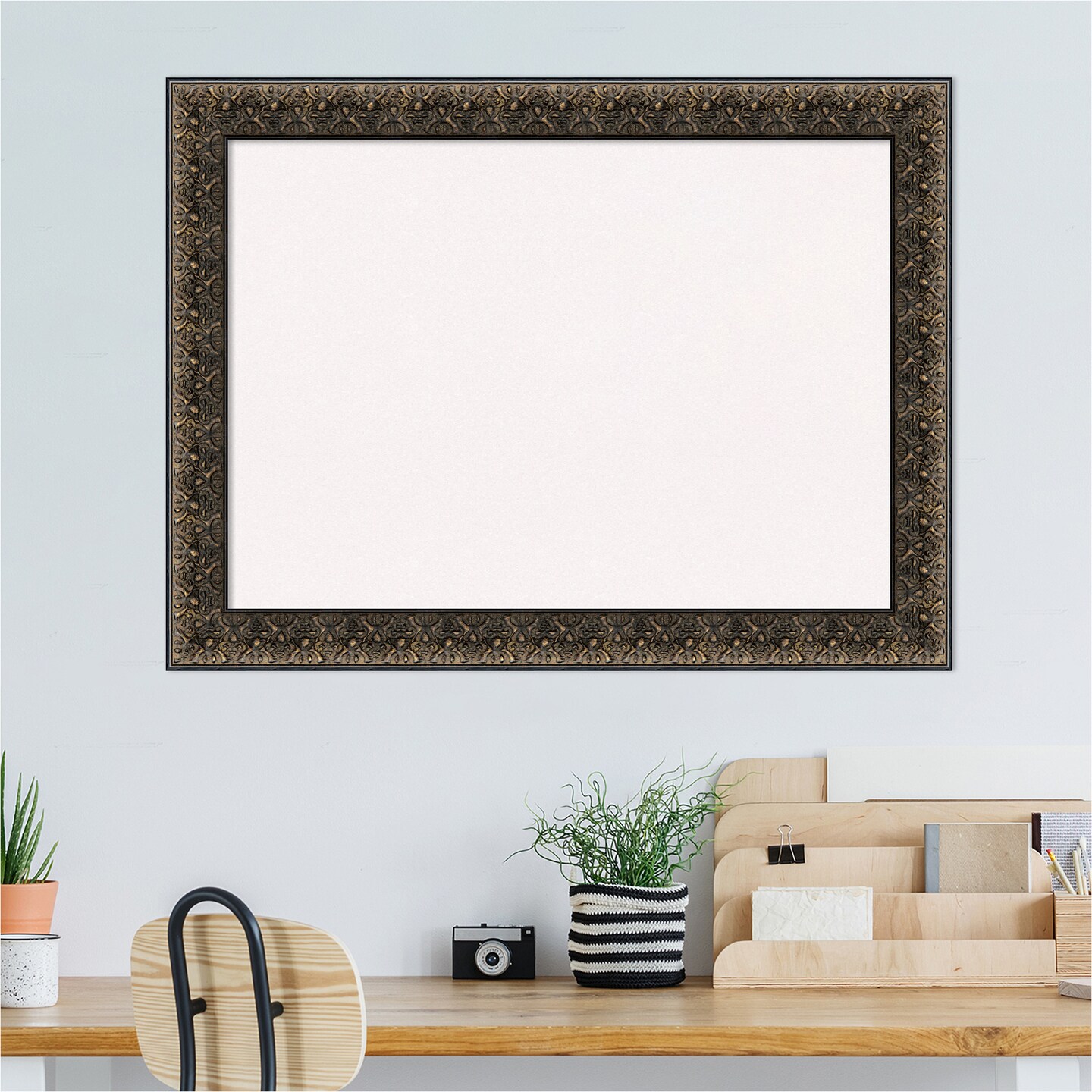 Intaglio Embossed Black Wood Framed Corkboard, White Cork
