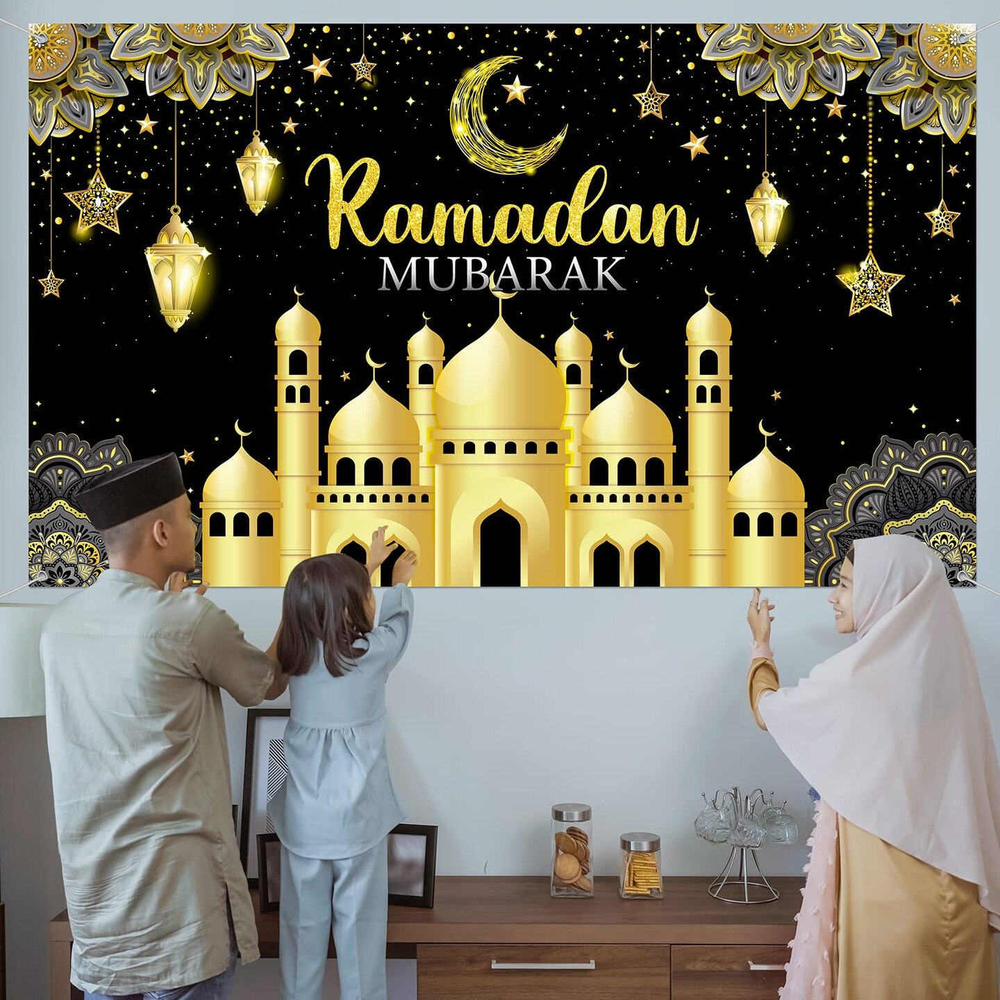 Ramadan Mubarak Decorations Backdrop Banner Muslim Kareem Background Eid Sign Photo Booth for Home Al Fitr Party Supplies (Black)