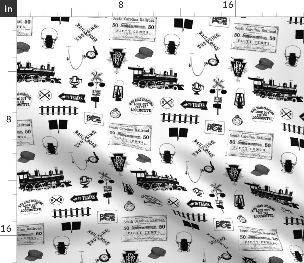 Railroad Small Train Trains Black Steam Custom Printed Fabric by Spoonflower Various Fabrics by the Yard or Fat Quarter