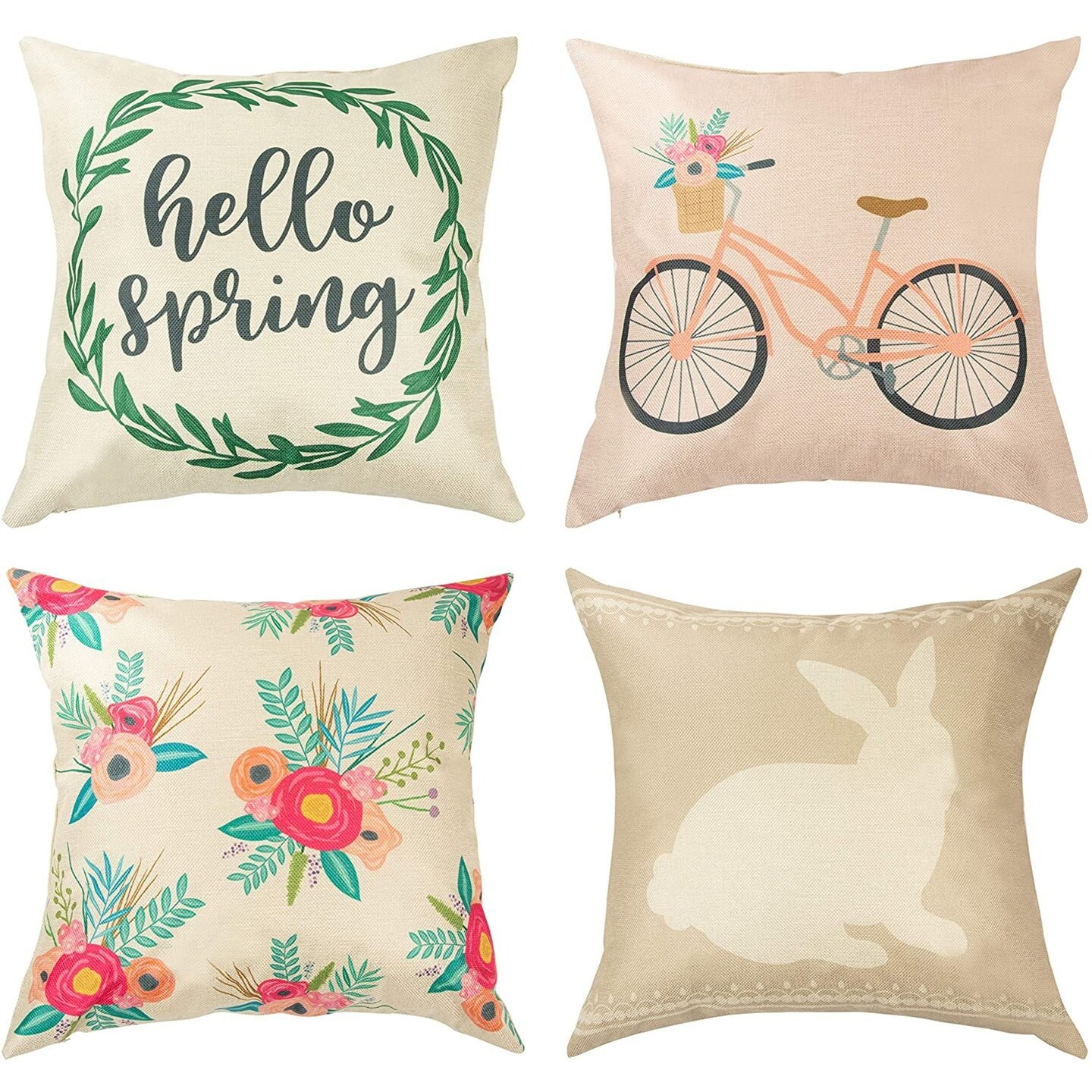 Juvale 4-Pack Spring Throw Pillow Covers, 17x17 Inch Decorative Outdoor Accent Cushion Cases for Easter, Farmhouse-Style Covers for Sofa, Bed, or Patio, 4 Unique Seasonal Designs