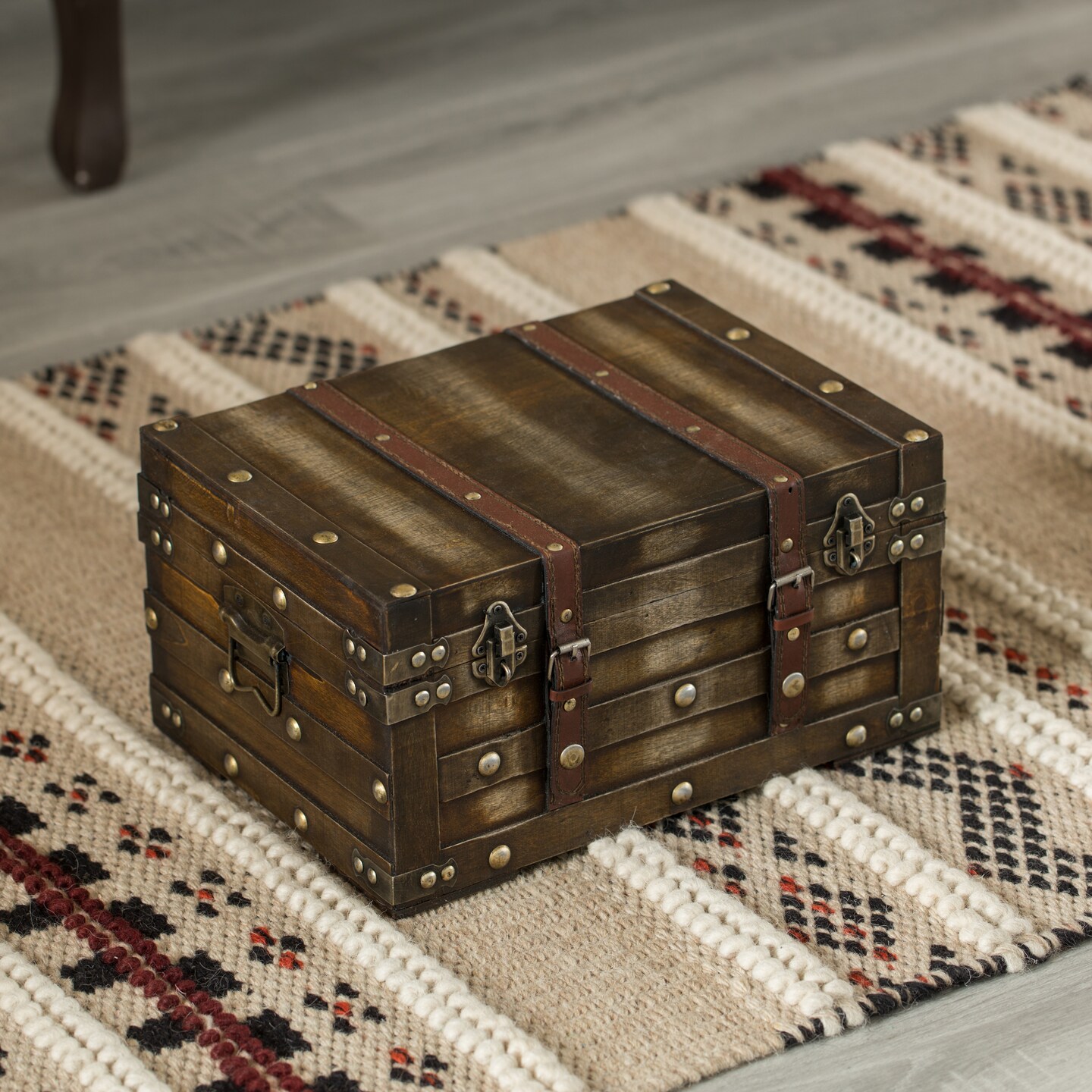 Wooden Brown Storage Trunk with Faux Leather Straps and Handles