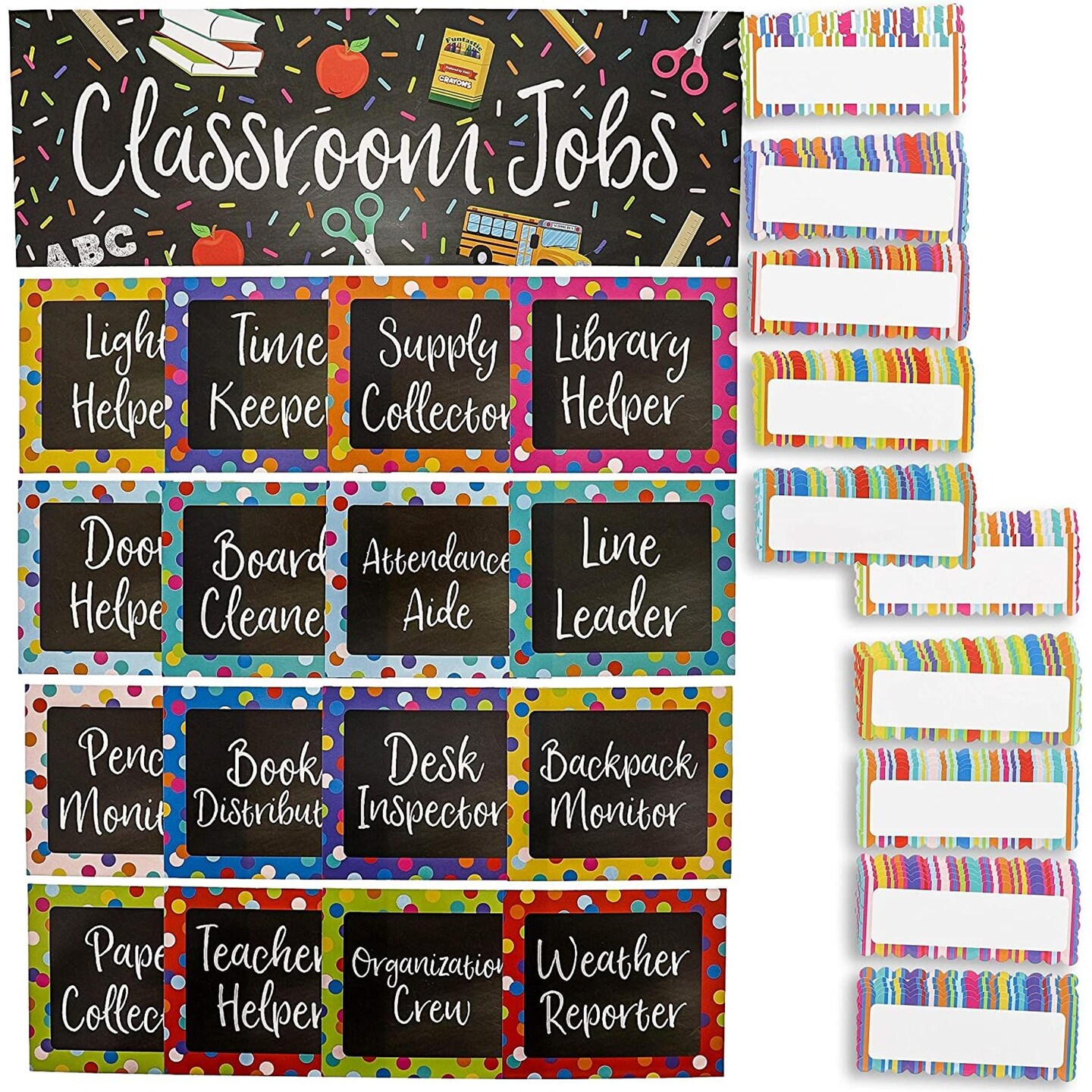 Classroom Job Chart Set with Name Tags for Bulletin Boards (17.5 x 6 In, 66 Pieces)