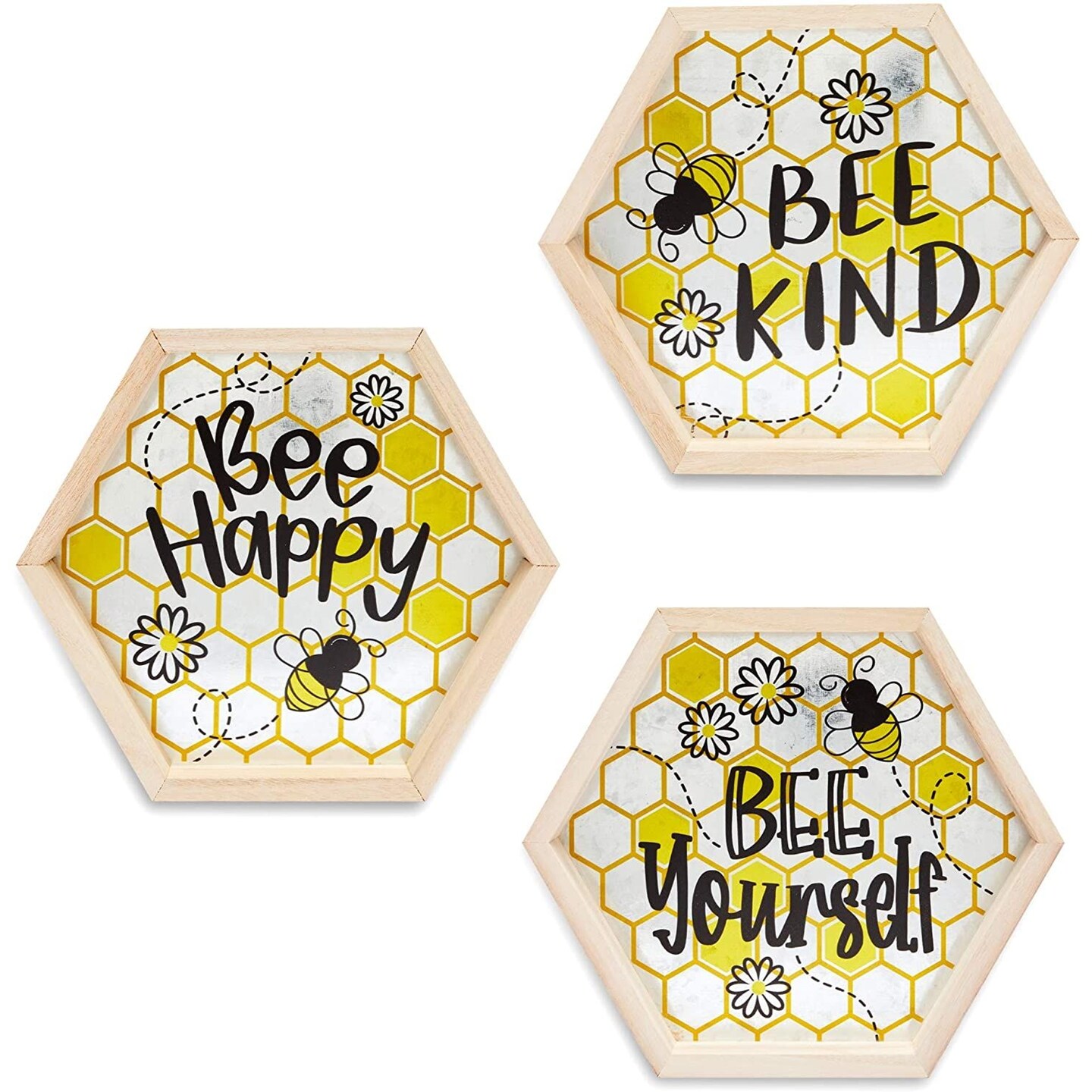 Honey Bee Wall Decor, Bee Happy, Bee Kind, Bee Yourself (9.7 In, 3 Pack)