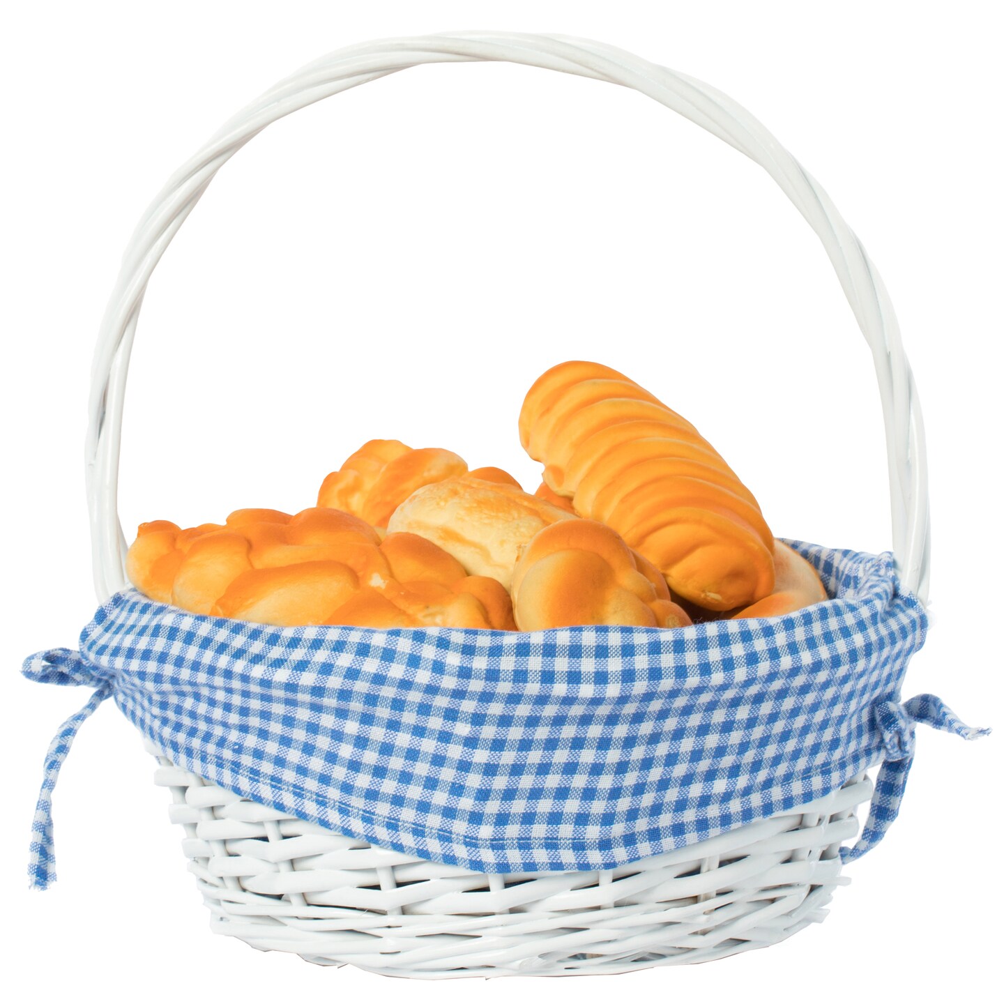 White Round Willow Gift Basket, with Gingham Liner and Handle