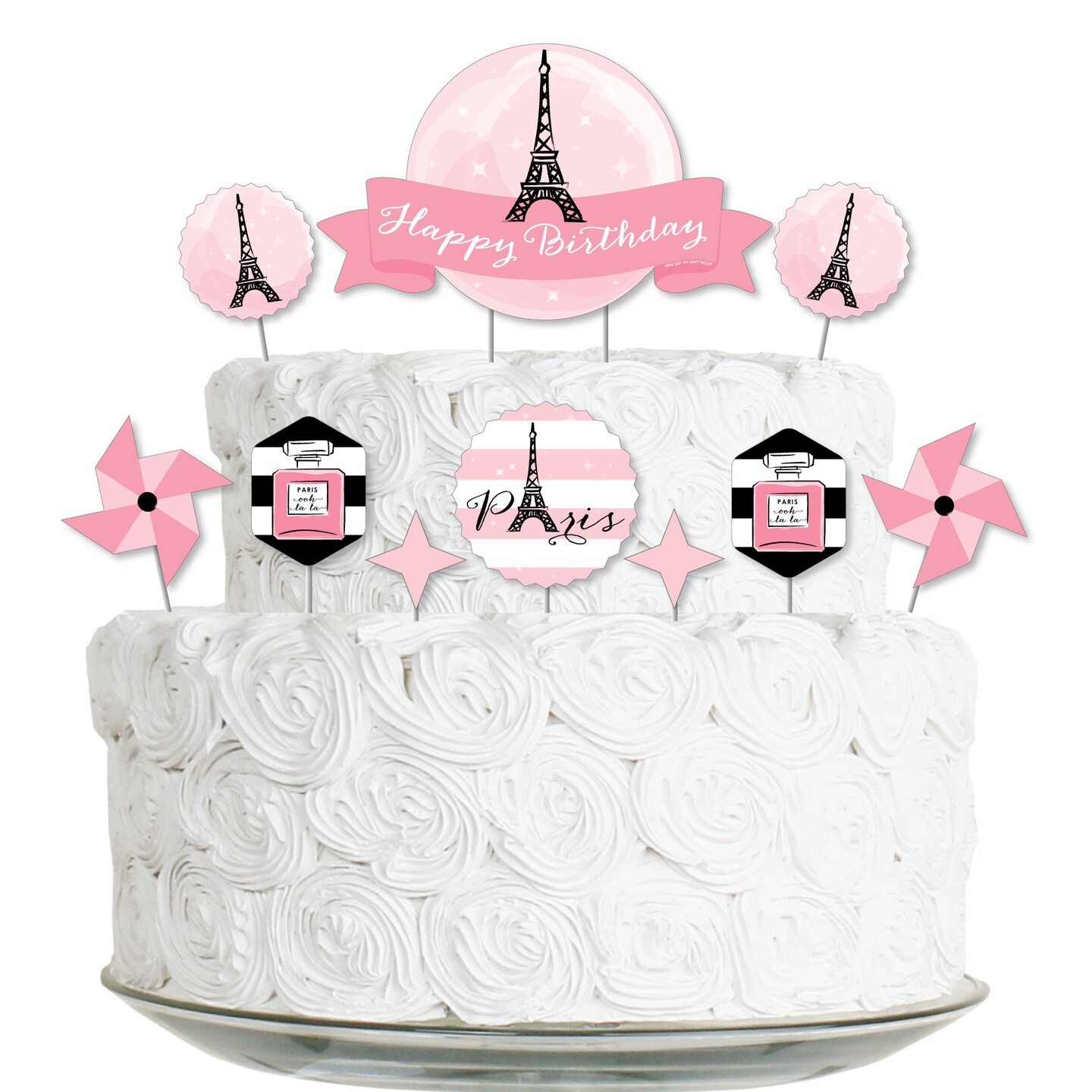 Big Dot of Happiness Paris, Ooh La La - Paris Themed Birthday Party Cake Decorating Kit - Happy Birthday Cake Topper Set - 11 Pieces