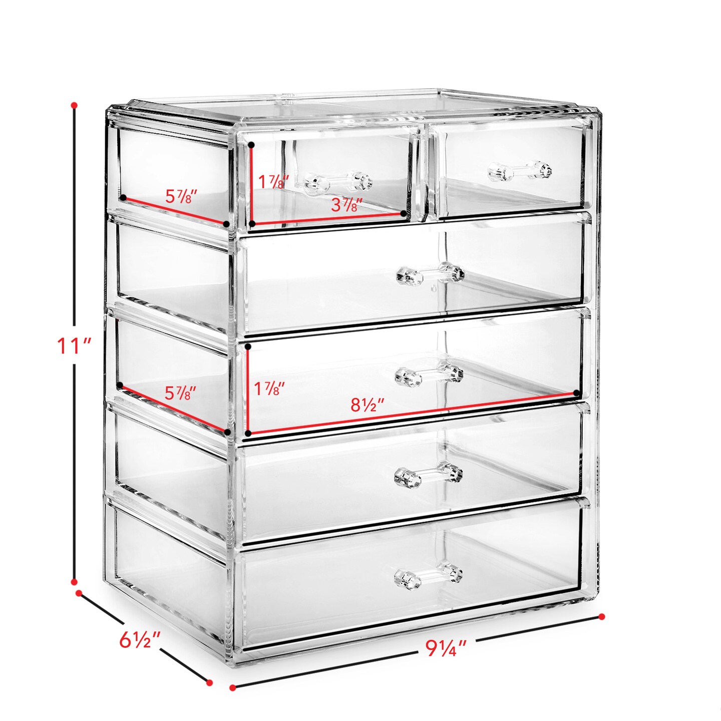 Casafield Acrylic Cosmetic Makeup Organizer &#x26; Jewelry Storage Display Case - 4 Large, 2 Small Drawer Set - Clear